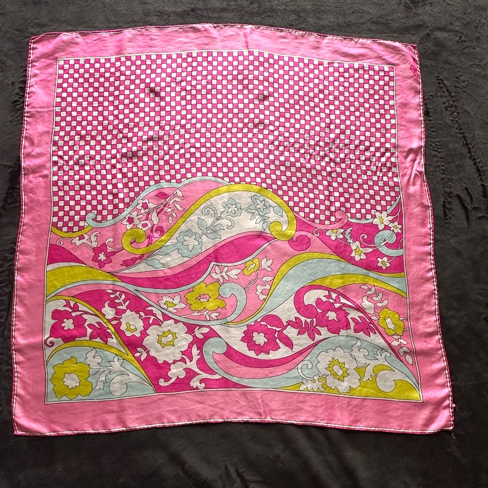 Vtg Signed Burmel 73 Vinal 27 Silk Bright Pink Blend Scarf flower drawing 1970s